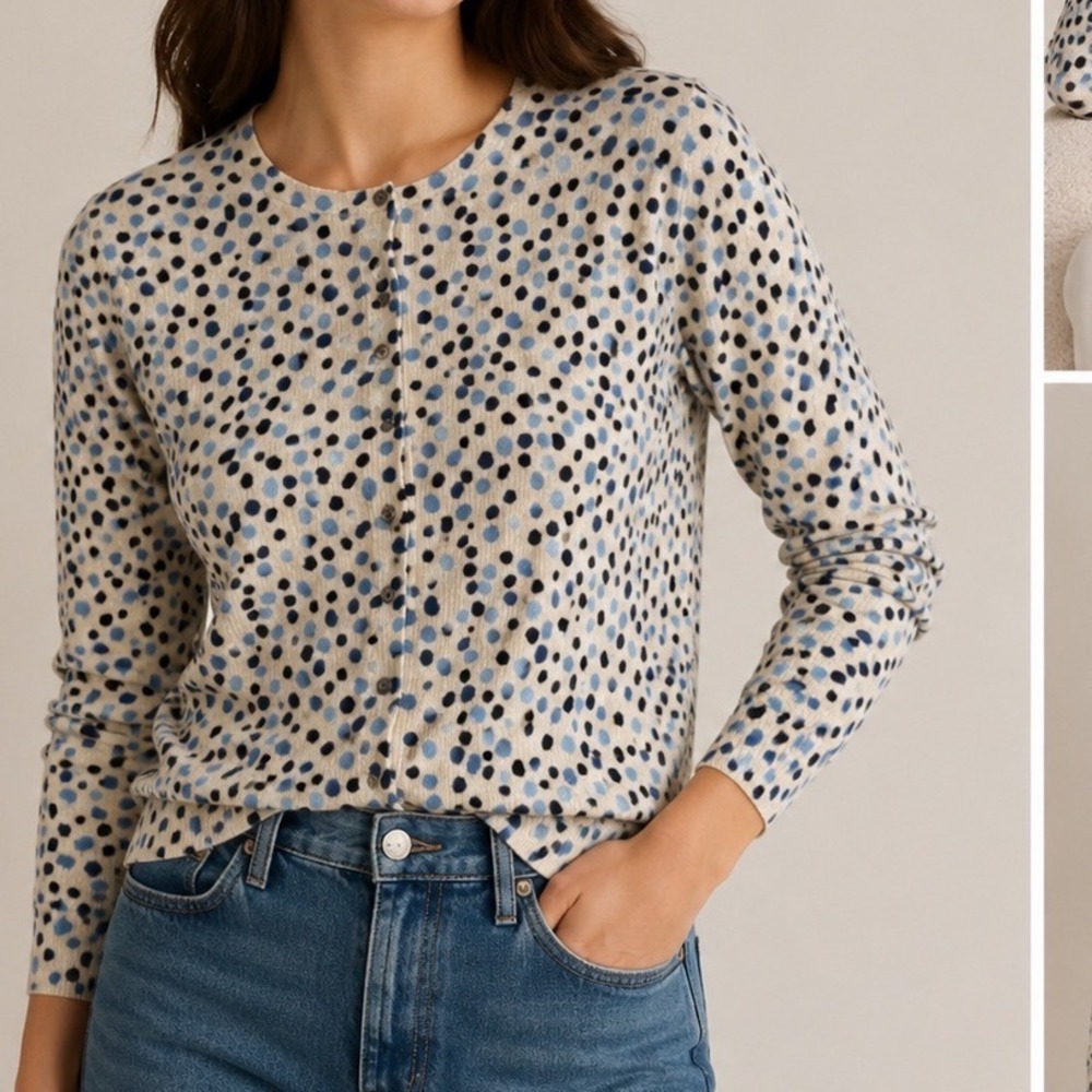 Pure Collection 100% Cashmere Polka Dot Cardigan Blue White Size 12 r3